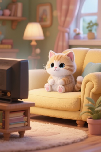 小奶猫在家里的沙发上看电视，卡通风格3D渲染，柔和的浅黄色调，8K分辨率画面充满绒毛细节，童话书插画质感