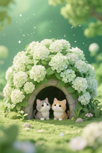 微缩景观，萌系超高清，两只小奶猫藏身绣球花洞穴，对称式构图展现花冠穹顶结构，，充满温馨感，极度治愈系，3D渲染风格。，圆润造型、温暖治愈氛围、童趣自然元素；，高清拟人化呆萌可爱，高细节。表情呆萌可爱柔和的明亮绿色调，8K分辨率画面充满绒毛细节，，虚实分明，。背景为明亮绿色模糊的自然景象 。整体氛围清新、宁静且富有生活哲理 。治愈系，可爱型。色彩颗粒,星汉灿烂,柔光淡彩,肌理磨砂,治愈水粉