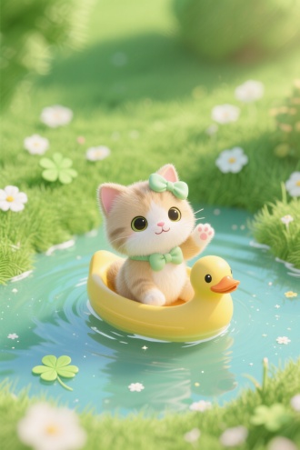 微缩景观，萌系超高清，可爱甜美的小奶猫，软萌，带蝴蝶结发卡，坐在黄色鸭子船上游在水里打招呼，河水，草地，小花朵点缀，背景是模糊的绿色草地，点缀着四叶草和白色的小花，整体风格梦幻而迷人，萌系，简约风，高级感，梦幻感，可爱画风。淡绿背景，超高清，超细节，阳光明亮高质量，俯视图，充满温馨感，极度治愈系，3D渲染风格。，圆润造型、温暖治愈氛围、童趣自然元素；，高清拟人化呆萌可爱，高细节。表情呆萌可爱柔和的明亮绿色调，8K分辨率画面充满绒毛细节，，虚实分明，。背景为明亮绿色模糊的自然景象 。整体氛围清新、宁静且富有生活哲理 。治愈系，可爱型。色彩颗粒,星汉灿烂,柔光淡彩,肌理磨砂,治愈水粉