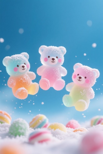 极简主义，透明软糖风格，糖粉，3只漂浮在蓝色梦境里的小熊软糖，萌萌的，脸颊上点着粉嫩腮红，超级萌趣，色彩鲜艳饱满，软糯嘟嘟，毛茸茸又温暖，软糖工艺打造，画面整体采用透明软糖质感，糖粉洒在上面，朦胧糖果背景，精妙绝伦24K超清，透明软糖，彩色糖果，糖霜，艺术性，极简，高级，杰作，柔焦，全景，HDR，采用中景构图，标准焦距拍摄，萌态毕现，