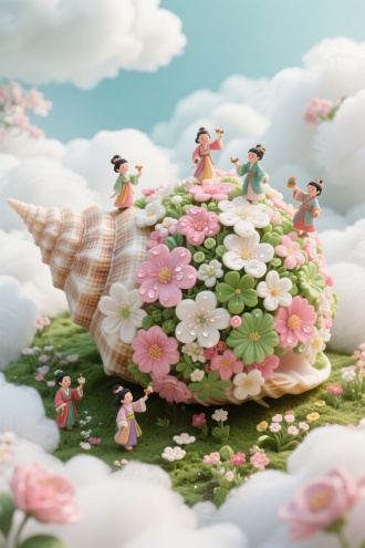 以超高清32K画面，通过超现实主义极繁主义风格描绘一幅微缩景观俯视场景。在柔软洁白的云朵簇拥而成的云端花园中，一只被花朵完全覆盖的奇幻海螺格外醒目。花朵色彩纷繁，以粉、白、绿为主色调，每一朵都形态各异，花瓣脉络与露珠清晰逼真。古风小人在这只海螺上尽情玩耍，他们身着绚丽古风衣衫，手持小巧物件，脸上满是愉悦。整个画面细节满满，将梦幻与欢乐的氛围渲染到极致。