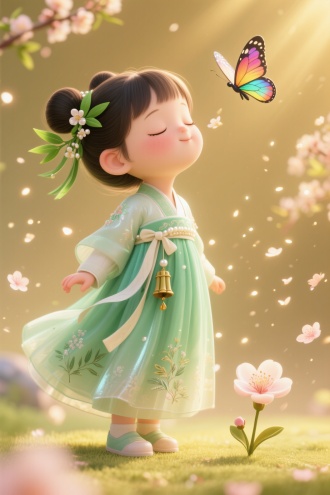 6岁Q版3D动漫小女孩，梳着双丫髻，发间点缀着嫩绿色竹叶状小花，身着泛着珍珠光泽的改良汉元素青绿色长裙，裙摆绣着半透明草药图案，腰间系米白色丝带并悬挂竹制小铃铛配饰。她闭上眼睛，微微仰起头，深深地吸着气，脸上露出陶醉的表情，仿佛沉浸在梅花的香气之中。
​
- 场景描述：小女孩周围弥漫着一层淡淡的金色光芒，那是梅花香气的具象化表现。光芒中，无数细小的花瓣形状的光点飞舞着，缓缓落在小女孩的身上。在她的脚边，一朵小小的梅花正在慢慢绽放，每一片花瓣展开时都散发出更加浓郁的香气。一只五彩斑斓的蝴蝶被香气吸引，围绕着小女孩翩翩起舞。
​
- 风格描述：中国古代卡通，明亮的色彩，3D皮克斯动漫风格，幼儿启蒙风格，柔和的马卡龙色，圆润的造型，温暖治愈的气氛，童趣自然。
​
- 质量词：32k超高清，画质清晰好看，细节优化。