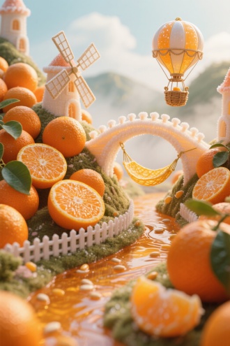 微缩景观中的砂糖橘童话王国，数百颗晶莹砂糖橘堆砌成山丘，橘子瓣形成半透明拱桥，橘络编织成金色吊床，橘皮卷曲成螺旋城堡，糖霜铺就的橙色小径，微型橘子叶风车缓缓旋转，果肉纤维构成栅栏纹理，流淌的橘子汁形成琥珀色河流，橘子籽改造成热气球吊篮，晨雾光线穿透果冻质感的橘瓣穹顶，超精细微距摄影质感，柔焦逆光营造立体感，俯视构图展现全景，8K分辨率展现砂糖橘表皮的晶莹油胞