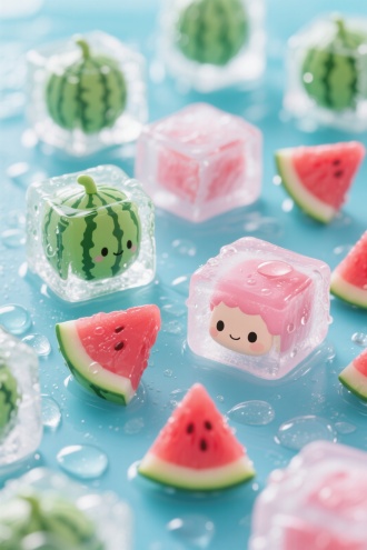 玩偶手办，方形的冰块，有些冰块里包裹着完整的未切开的绿色方形小西瓜，有些包裹着方形的红粉拼接的西瓜果肉里，散落开来，冰块上水珠滑落晶莹剔透的。童趣，乐趣，可爱。