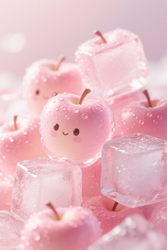 一组超写实风格的苹果造型许多冰块堆叠在一起，冰块呈透明的淡淡粉色，立体轮廓清晰，整体呈现出卡通化的苹果形状，包括圆润轮廓等细节。每一块冰表面都覆盖着密集的水珠，反射出高光与光斑，增强质感与清凉感。画面采用微距摄影手法，前景清晰锐利，背景柔和虚化，整体色调以粉为主，清爽、梦幻、少女感十足。构图紧凑，细节丰富，营造出夏日卡通冰感世界的清凉视觉体验。
