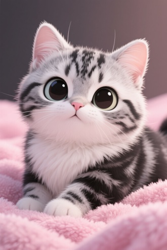 卡通壁纸，毛绒绒的拟人美短起司猫咪。黑白灰的毛发。全身毛茸茸的，拟人美短起司猫咪特别可爱的表情，大大的眼睛，在粉色毛毯上，高清。超级真实