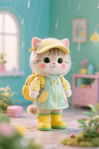 -微型景观室内，小奶猫宝宝脸颊泛着红晕，戴着淡黄色运动帽，身穿浅黄色绿色连衣裙，黄色绿色的雨靴，穿透明的连帽雨衣，微型小背包，小发夹，呆萌可爱，传递童真色彩：鲜亮柔和的马卡龙色系，蓝绿为主色调，点缀黄、粉，清新护眼。高清立体逼真。超级真实黄金比例构图，杰作，大师作品，圆润造型、温暖治愈氛围、童趣自然元素，高质清晰3D动漫，高细节。表情呆萌可爱，8K分辨率画面充满绒毛细节，，虚实分明，。 。整体氛围清新、宁静且富有生活哲理
