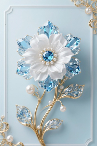 墙面一朵白蓝相间的花朵设计，浅蓝色和金色的风格，优雅精致，3D渲染，水晶般的细节，花卉艺术，海蓝宝石和珍珠