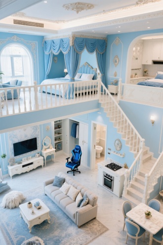 鸟瞰视角。
洛可可风格结合华丽复古视觉风格，大面积别墅双层公寓。
下层百平米挑空大客厅，超大空间内摆放着沙发，电视，茶几，毛毯，小型衣柜，小型梳妆台。
厨房三米蒸煮烤操作空间，小型餐桌和餐椅。
隐蔽门后是卫生间。
整体画面采用莫蓝色和白色，色调明亮温馨，营造出梦幻氛围。
上层下层超大空间有床，莫蓝色床幔轻垂，莫蓝色电竞座椅，小型衣帽间，小型收纳空间等。
楼梯合理链接上下层，下层也有床，实用美观下方合理规划收纳空间，楼梯在画面最右侧展现一半。
室内墙体和棚顶同风格装修，少量合理的装饰物。整体布局合理，高清