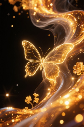 抽象，繁花入梦来，幻想，繁花幻作星河、流火的天际奇观，梦醒仍见晨曦。由霓虹烟雾形成的蝴蝶、线条柔和，发光，极简，意境 ，梦幻、空旷、唯美、拖影，动态角度，背景纯黑，强烈的光暗对比，32k分辨率。
       闪耀光斑,流淌纹理,光滑表面,光影,高亮度,高清细节,photorealistic,数码艺术,色彩鲜艳,充满活力,动感十足,流体状纹理,充满光泽,闪耀颗粒,金光,金色,精致,华丽,梦幻,迷幻,,动态光影,3d渲染,光影效果,流体艺术,光斑,点光源,光晕,光彩夺目,动态,高对比度,细腻光泽