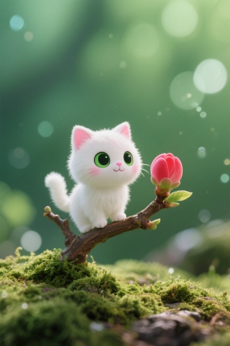 具有写真风格的画面，展现微观世界的超大远景，绿色的模糊背景中闪烁着光粒子。画面底部是苔藓，苔藓上生长着一棵茂盛的桃枝，桃枝上有一个鲜艳的大红色花苞。一只Q版的白色迷你小猫站在桃枝条上，小猫浑身覆盖着蓬松柔软的毛发，粉粉的耳朵微微立起，透着一股俏皮劲。它那又大又圆如同绿宝石般的眼睛清澈明亮，小巧的粉色鼻头配上弯弯的微笑小嘴，脸颊还带着一抹淡淡的粉，小猫在画面中所占比例极小，正聚精会神地看着桃枝条上的花苞，仿佛在等待着花朵绽放的瞬间
