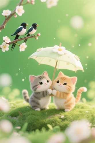 微型视角画面主体左上角两只喜鹊站在一梅花上，，高清。萌系有两只小猫打一个小花朵做成的伞愉快拥抱在一起非常有爱，高细节。表情呆萌可爱，明亮的绿色调，8K分辨率画面充满绒毛细节，虚实分明，。背景为明亮绿色模糊的自然景象 。整体氛围清新、宁静且富有生活哲理 。治愈系，可爱型。色彩颗粒,星汉灿烂,柔光淡彩,肌理磨砂,治愈水粉,