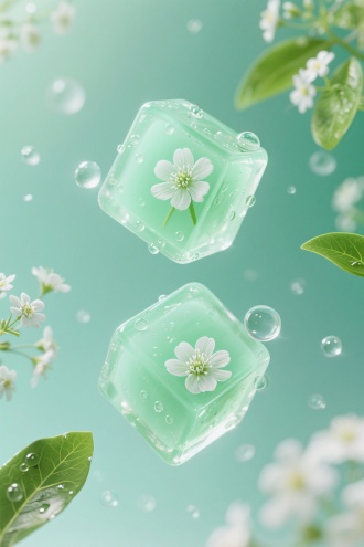 超写实3D渲染，以清新柔和的薄荷绿为主色调，构建水润清凉氛围。画面中央悬浮两块通透立方体，内部填充浅绿色果冻质感液体，液体中分别嵌入一朵完整、且花瓣带细腻纹理的满天星，花朵清晰生动。立方体表面附着晶莹剔透的水珠与气泡，呈现灵动漂浮状态。背景为渐变浅绿，点缀散落的满天星（部分完整、部分半透明虚化）、嫩绿叶片（叶脉清晰，边缘带自然光泽），还有闪烁微光的水滴，营造清新、水润、治愈的夏日氛围感