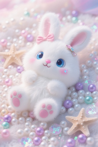 一只毛茸茸可爱雪白小兔子，有着梦幻蓝大眼睛，粉色鼻子，眉心贴，粉色脚掌，耳朵上有蝴蝶结发夹，脸上有腮红，躺在满是白色粉色淡紫色珍珠、各种颜色闪粉小球和两个毛茸茸软乎乎小海星的地方,梦幻场景,可爱风,特写镜头,梦幻氛围,可爱搞怪