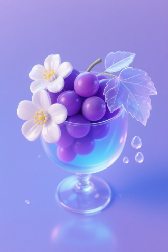 CG渲染风格，梦幻主题，葡萄美酒夜光杯的画面，蓝紫色调，中心是一个透明的、带有紫色和蓝色渐变效果的葡萄，葡萄左侧装饰有两朵白色的花，花朵细节精美，花蕊为黄色。右侧有几片透明的叶子和水滴状的装饰，背景是淡紫色的，与葡萄的色调相呼应；3D建模风格，俯视视角，近景构图，精致的装饰性设计，梦幻氛围。