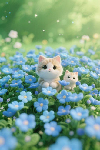 微缩景观，满屏的形态各异蓝色为主色调的小花，紧密堆叠在一起，中间露出一只可爱拟人化的三，小奶猫，极简主义，高清画质，8K氛围感，梦幻色彩。8K分辨率画面充满绒毛细节，。高清立体逼真。超级真实黄金比例构图，杰作，大师作品，圆润造型、温暖治愈氛围、童趣自然元素，高质清晰3D动漫，高细节。表情呆萌可爱，卡通风格3D渲染，明亮的绿色调，8K分辨率画面充满绒毛细节，童话书插画质感，虚实分明，。背景为明亮绿色模糊的自然景象 。整体氛围清新、宁静且富有生活哲理 。治愈系，可爱型。色彩颗粒,星汉灿烂,柔光淡彩,肌理磨砂,治愈水粉,