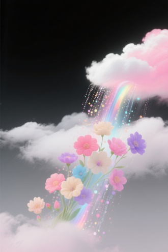 超现实主义，梦幻世界，云端之上，无数流光倾泻而下，落在五彩斑斓的花中，背景灰黑色，粉红色和白色，浅粉色和浅蓝色，浅米色和浅紫色，随光流下，特写，极限特写，把云彩映的有了色彩，细颗粒梦幻调色盘软焦点，动态模糊，抽象图形，柔和过渡，极简风格，朦胧，迷幻，半透明荧光，消失粒子风格，轮廓光，发光粒子，弥散渐变，高级感，极简主义，留白，治愈，意境，杰作，最好的细节，高分辨率