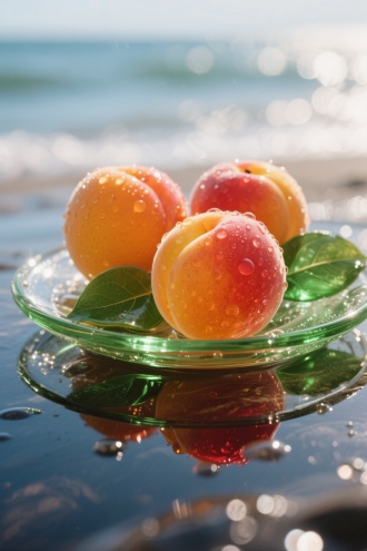 表面有很多水珠，三个超大橘黄色透着红色透明玻璃杏子放在盘子里。通体晶莹剔透，玻璃材质。绿色翡翠玻璃材质叶子点缀。阳光打在表面，玻璃质感强烈。海边背景模糊。反射与光斑效果明显。梦幻质感高清唯美风。超高清。超高清，表面纹路清晰。