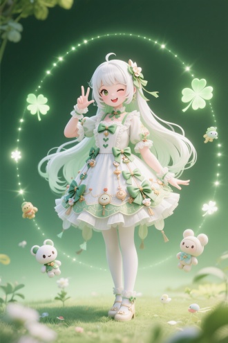 国风动漫，柔软流畅，超高细节。,这是一张采用C4D渲染的国风动漫风格立绘角色图，融合了卡通、卡通插图、CG厚涂以及皮克斯动画的风格特点，同时带有日本动漫风格，整体呈现出神秘的感觉。画面中，一个拥有长白发的bjd角色身着华丽的洛丽塔服饰，服饰上装饰着众多蝴蝶结和小物。角色对着镜头开心地眨一只眼微笑，站立着，一只手比耶放在脸颊旁，动作流畅自然。其周围环绕着散发着光芒的四叶草和萌趣的玩偶。画面以清新的绿色和纯净的白色为主色调，营造出欢快活泼的氛围，角色被置于构图的中心位置，突出主体，细节超高且线条柔软流畅。
