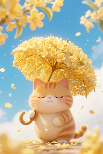 chibi风格，梦幻，治愈，宁静，梦境，颗粒感，肌理感，手绘，金黄的桂花覆盖整个画面。有很小的一只胖橘猫（绒毛质感蓬松柔软呈现渐变条纹，圆润眼反射环形柔光板高光，立体鼻头，侧逆光勾勒绒毛边缘金色辉光，Q弹脸颊轮廓，高速同步闪光凝固飘散在空中的粒子，迪士尼卡通材质渲染技术展现细腻布纹肌理），手持一把巨大的由大量的金黄色桂花花朵组成的 “花伞” 。它闭着双眼，表情宁静，背景是蓝白相间的天空，有花瓣飘落，营造出浪漫、梦幻的氛围。 
