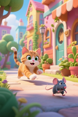 在充满童趣的卡通风格场景中，一只灵动俏皮的小猫正全神贯注地追逐着一只机灵的小老鼠，小猫的眼睛紧紧盯着老鼠，随时准备发动突袭，老鼠则惊慌失措地四处逃窜，周围是色彩斑斓的卡通建筑和绿植