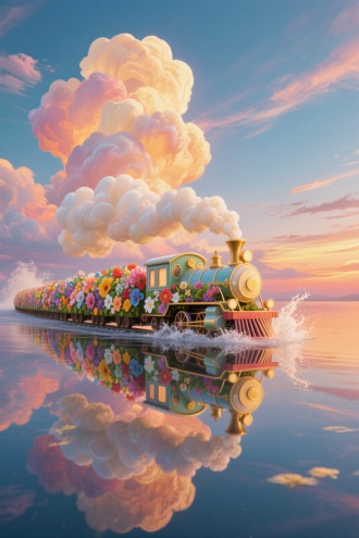 彩色陶瓷立体感彩色玻璃立体感彩色羊脂玉彩纯黄金梦幻浪漫风格插画，画面中有一列鲜花组成的列车，各种各样的花朵组成列车，在一片如镜面般平静的水面上行驶，行进的火车头把水碰出一道大大的水花，水面清晰地倒映出列车和晚霞天空的景象。背景是一片壮丽的天空，飘浮着巨大且蓬松的晚霞云朵，天空与水面相互映衬。整体氛围宁静而梦幻，给人一种超现实的感觉。