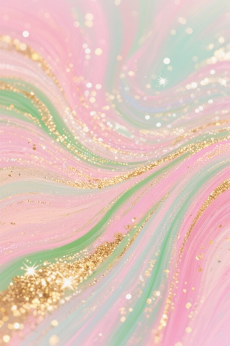 抽象艺术作品，珠光感，
轻描淡写，色彩和纹理的融合，梦幻的，特写。
数字艺术，色彩和纹理的细腻表现。
情感轻盈、梦幻、浪漫。
柔和的粉红色、绿色和金色，闪烁的星光效果。
细小的闪光点，金粉漂浮，柔和的曲线和条纹，色彩之间的流动。抽象表现主义艺术家，如杰克逊·波洛克。无特定构图，强调色彩的交织和纹理的分布。高分辨率，适合作为背景图或装饰图。