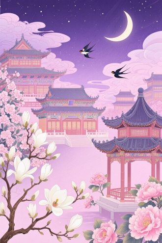 创作一幅国风插画，以柔和的粉紫色为背景主色调，营造浪漫的夜间氛围。画面呈现精美的中式古建筑（如宫殿、亭台 ），建筑细节丰富，色彩华丽。融入盛开的花卉（如白色玉兰花、粉色牡丹花 ），树枝形态优美。天空中有弯弯的月牙、轻盈的云朵，搭配飞翔的燕子，增添灵动之感。整体画面富有层次感，体现古典雅致的东方美学，画质细腻，用于文创产品、国风壁纸、传统建筑主题插画等创作场景