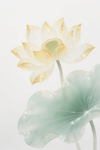 绢笔九层荷花冰花，薄如蝉翼，清晰的花瓣金丝线脉络，淡黄透明花瓣，发光颗粒鎏光花蕊，淡绿透明荷叶，梦幻般的，光线缠绕，白色背景，平面渲染，通透肌理，水墨效果，高饱和度，远景