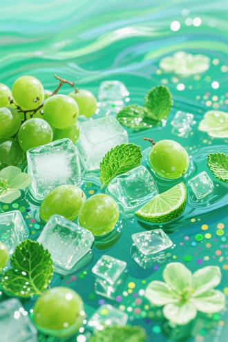 海报设计，玻璃糖纸颗粒油画点彩莫奈，且梦幻高饱和度明度，深绿色，浅绿色，淡绿色渐变，波光粼粼，大师构图艺术感，设计感。很多冰块和，青提，薄荷，小块水晶在清澈透明的水下，还有很多美丽的绿色花瓣，