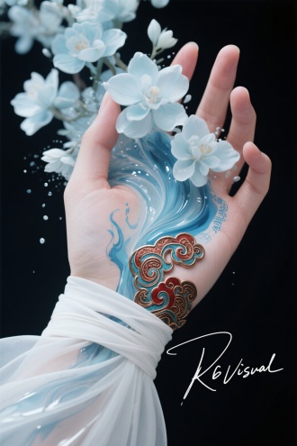 手部近距离大特写，一只手绑着婚礼白纱，手上长满花，流体浅蓝水墨+丙烯颜料，颜料的涂抹感+肌理感，整幅画面有水透明的清冷感，噪点，超现实主义美学，油画渐变涂料占满整个画面+花瓣，画面冷暖强烈对比，反光+反射，高级的氛围感，极简，肌理感+颗粒感，神躯透现蜿蜒流动水纹，景泰蓝工艺，古老符文，笔触飘逸，高清，粒子飞溅，东方禅意，密集曲线随形体走， 线条张力，局部深浮雕雕刻云雷纹，修长流畅，完美的形态平滑，红，青，局部镶嵌铜锈金属，局部深浮雕雕刻回形纹云雷纹，既保留木雕工艺性，纯色背景，产品设计摄影，虚幻引擎，手写签名r6visual，整体美学风格利落且充满未来感，