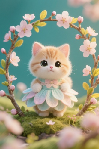 -微型景观，特写聚焦小奶猫宝宝，花瓣裙装质感真实，每片花瓣纹理清晰可见，色彩柔和过渡。樱花与嫩枝组成的花环细节满满，嫩枝的绒毛、花瓣的脉络分毫毕现，呆萌可爱，传递童真色彩：鲜亮柔和的马卡龙色系，蓝绿为主色调，点缀黄、粉，清新护眼。高清立体逼真。超级真实黄金比例构图，杰作，大师作品，圆润造型、温暖治愈氛围、童趣自然元素，高质清晰3D动漫，高细节。表情呆萌可爱，8K分辨率画面充满绒毛细节，，虚实分明，。 。整体氛围清新、宁静且富有生活哲理