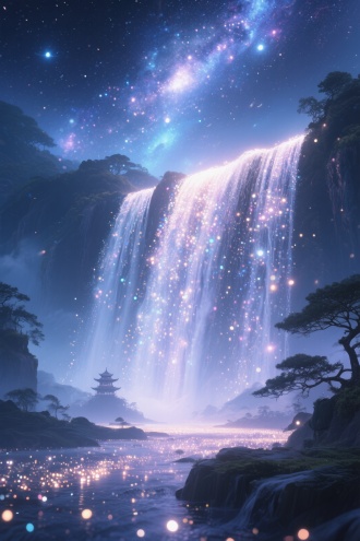 宏大场景，远景，景深，景大，亿万光点汇聚成的巨大的瀑布，瀑布从天空洒落下来，宇宙星空，亿万光点，晕染，立体发光轮廓，半透明，泛光粒子，宏大，浪漫古风，魔幻
