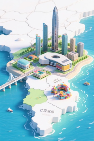 立体的深圳地图，白色背景，显示地标景点，C4D。超高清，大师作品。多彩渲染。俯视图，深圳地标建筑，插画，海边，总部大厦，平安金融中心，地王大厦，深圳市民中心，港珠澳大桥，湾区书城，欢乐谷
