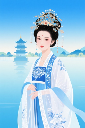 古装，华丽的头饰，华美的服装，蓝白色刺绣纱衣，背景为西湖地标插画  2.画面风格:渐变矢量风格，蓝色渐变背景 3.规避出现. 整体视觉清新、大气，