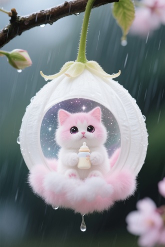 一朵白色半开的大灯笼花，挂在枝头上，外面下着雨，花蕾里面坐着【超迷你粉白奶猫全身覆盖云朵般粉白渐变绒毛，透光单根绒毛晶莹剔透，脸部占比40%的星空银河大眼含星形高光，湿润樱花鼻和W形嘟嘟嘴微张；额前浅粉小猫咪怀抱奶瓶，