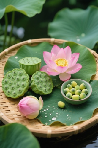 图片构图巧妙，以圆形竹编托盘为中心，将饱满的莲蓬、荷花、莲子及小碗有序摆放，形成稳定而丰富的画面布局。未剥皮的绿色莲蓬与剥开后露出的莲子形成鲜明对比，展现出生机与成熟。粉色荷花与黄色花蕊相互映衬，更添一份柔美与清新。背景中的绿色荷叶与模糊植物增添了画面的空间感和自然氛围。

色彩上，绿色是主色调，营造出宁静和谐的自然环境。绿色莲蓬与荷叶的深浅搭配，以及荷花与莲子的粉黄相映，使得整个画面色彩层次丰富，又不失和谐统一。8K高清渲染，露珠晶莹剔透滴落在荷叶上