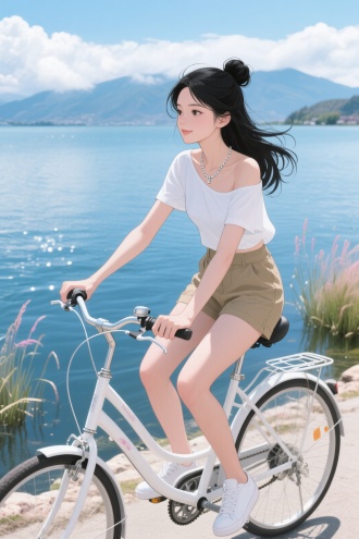 插画动漫风格，仿真实电影质感，大师级构图，人物比例完美。阳光明媚的洱海湖畔，湖水清澈湛蓝，波光粼粼。湖边的水草随风摇曳，远处的苍山云雾缭绕。诗雅（26岁，肌肤胜雪，身姿婀娜，气质清冷出尘。一头黑色长发，半丸子头，几缕碎发自然散落，丹凤眼狭长而深邃，眼神中透着淡淡的疏离感；高挺的鼻梁线条优美，给人一种坚毅的感觉；薄唇颜色淡粉，嘴角总是微微上扬，似笑非笑，瓜子脸线条流畅，下巴微微尖翘。脖子上戴着一条银色的细项链。身着卡其色短裤搭配白色斜肩T恤短款，脚穿小白鞋。）骑着一辆白色自行车。她黑色的长发微微飘动，眼睛专注地看着前方的美景，高挺的鼻梁下淡粉的薄唇微微上扬，青春时尚又充满活力。