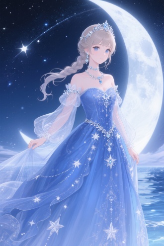 闪耀暖暖星之海套餐，一个女孩身穿宽大的蓝色星绣舞会礼服、半透明薄纱袖子、银色水晶配饰的婀娜多姿的童话公主，柔和的月光照明，天体星河背景，动漫半写实风格，超细节