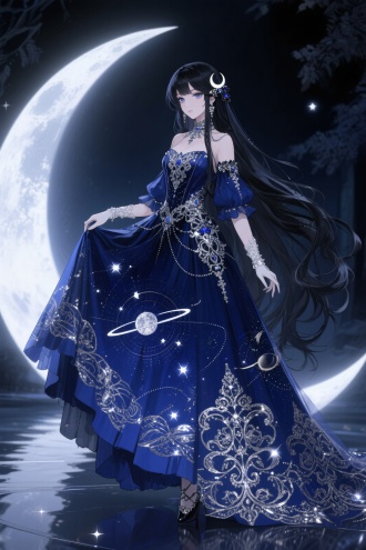 闪耀暖暖「极夜咏叹」套装，动漫半写实风格，一位神秘的哥特式女王站在月光下，身穿奢华的午夜蓝色舞会礼服，上面印有天体图案，错综复杂的银色刺绣微微发光，飘逸的乌黑长发点缀着新月发夹，电影般的灯光，超细致的面料质感，闪亮的妮基风格