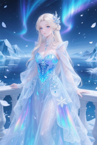 闪耀暖暖「冰雪极光」套装，二次元，动漫半写实风格，
童话公主立于冰川宫殿露台，身着水晶质感礼裙，透明多层薄纱模拟冰湖断面效果，发光青蓝色极光纹样刺绣胸衣，冰锥状珠饰与雪花蕾丝贴花 虹彩极光面料制成的戏剧性披风，铂金色长发点缀冰晶发簪，冷白肌肤泛蓝光。背景含旋转极光与落冰花瓣
电影般的灯光，超细致的面料质感，
