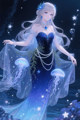 闪耀暖暖「幻海星渊」套装，二次元，动漫半写实风格，
童话公主穿着深蓝渐变鱼尾裙，缀满发光水母绣纹，透明薄纱中游动着星光微粒，腰间缠绕珍珠水草腰链，领口镶嵌蓝宝石珊瑚饰
电影般的灯光，超细致的面料质感，
