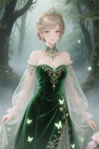 闪耀暖暖「砂糖童话」套装，二次元，动漫半写实风格，
童话公主穿着祖母绿丝绒修身长裙，衣领采用掐丝珐琅工艺制成藤蔓造型，裙身上手工刺绣着会发光的萤火虫图案，透明硬纱罩裙上印有森林雾气特效
超细致的面料质感，
