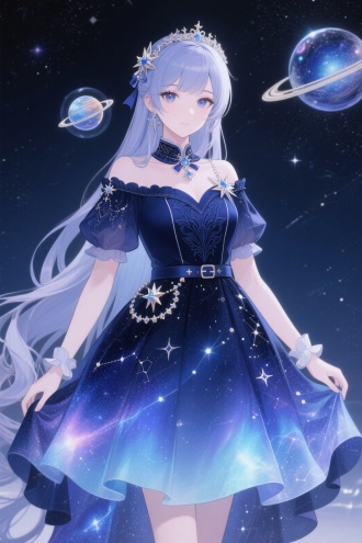 闪耀暖暖「星穹巡游」套装，二次元，动漫半写实风格， 
童话公主穿着深蓝渐变星空制服裙，点缀星座暗纹刺绣，可拆卸星环腰带，裙摆内层暗藏银河光效，肩膀上悬浮微型行星装饰 ，超细致的面料质感，