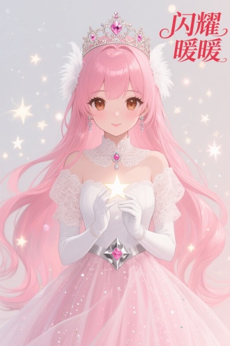 右上角区域红色文字：“闪耀”/“暖暖”，
对称构图，二次元，动漫半写实风格，一个有着粉红色长发的女孩，光滑有光泽，末端有自然的渐变感。棕色的大眼睛，明亮而生动。精致的五官，小鼻子，粉红色的嘴唇。戴着一顶闪闪发光的华丽钻石王冠。一件白色连衣裙，带有精致的蕾丝，白色羽毛 - 领口处有装饰。白手套搭配珠宝，与礼服相呼应。腰部有银色几何形状的装饰。粉色薄纱裙点缀着小亮片。双手轻轻握住一颗发光的星星，手掌微微抬起。浅色调背景，充满了闪烁的星星和不同大小和亮度的光点。散发着甜美、梦幻、高贵的气息，宛如童话故事中的公主。