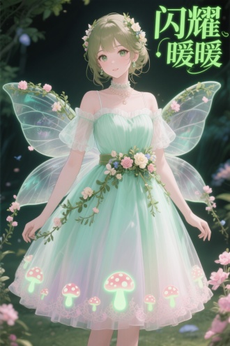 右上角区域绿色文字：“闪耀”/“暖暖”，
对称构图，二次元，动漫半写实风格， 童话公主穿着薄荷绿渐变薄纱小礼裙，新鲜藤蔓与永生花立体盘绕成腰封，透明翅膀状的后摆洒落荧光花粉，裙边绣着会发光的蘑菇图案。，超细致的面料质感，