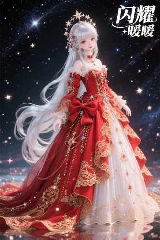 右上角区域白色文字：“闪耀”/“暖暖”，动漫半写实风格，
，柔软流畅，超高细节。,图片风格为写真,写真风，质感光照，自然光线，质感十足，摄影风格。bjd风格，少女清冷疏离，华丽繁杂的红金色洛丽塔礼服 ，银白色的长头发， 星光额饰，星星饰品，纯洁浪漫虚幻 偏魔法色彩，多装饰 长裙带长拖尾 多视图类似设计稿 带大裙撑很蓬类似红色婚纱 大拖尾蝴蝶结设计感不对称 多红金色蕾丝多配饰  背景在星河中。有很多星光亮片