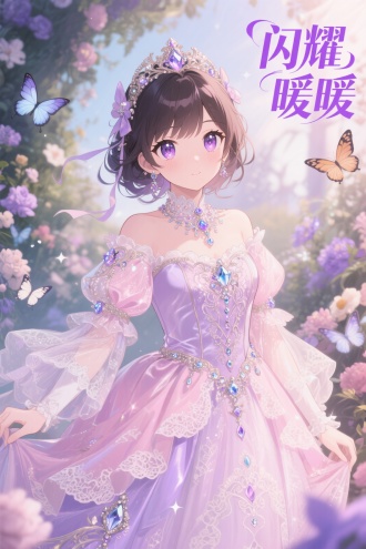 右上角区域紫色文字：“闪耀”/“暖暖”，动漫半写实风格，
cute anime girl in an ornate princess gown, intricate satin and lace details, sparkling crystal embellishments, pastel pink and lavender color scheme, large sparkling anime eyes, elegant pose, soft ethereal glow, magical garden background with flowers and butterflies, anisheen, genshin impact style, official art, highly detailed, masterpiece, best quality