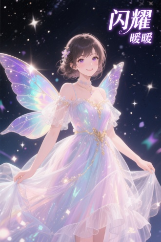 右上角区域紫色文字：“闪耀”/“暖暖”，动漫半写实风格，
ethereal anime fairy girl in a layered tulle and chiffon dress, glowing translucent wings, shimmering iridescent fabric, light particles and sparkles, soft focus, starry night background, delicate features, sweet smile, anisheen, dreamy atmosphere, beautiful detailed eyes, high detail, masterpiece, pastel colors with gold accents