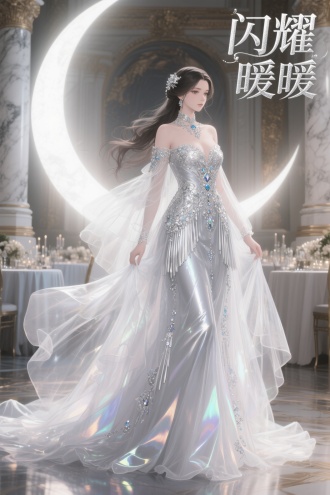 右上角区域银色文字：“闪耀”/“暖暖”，动漫半写实风格，
Elegant silver-white evening gown with cascading tulle layers, luminescent moonbeam fringes, intricate crystal embroidery on bodice, dynamic fabric flow like liquid mercury, cinematic volumetric lighting, opulent banquet hall background with marble columns, soft focus, masterpiece, art by Akihiko Yoshida and Alphonse Mucha, ultra-detailed embroidery, iridescent sheen